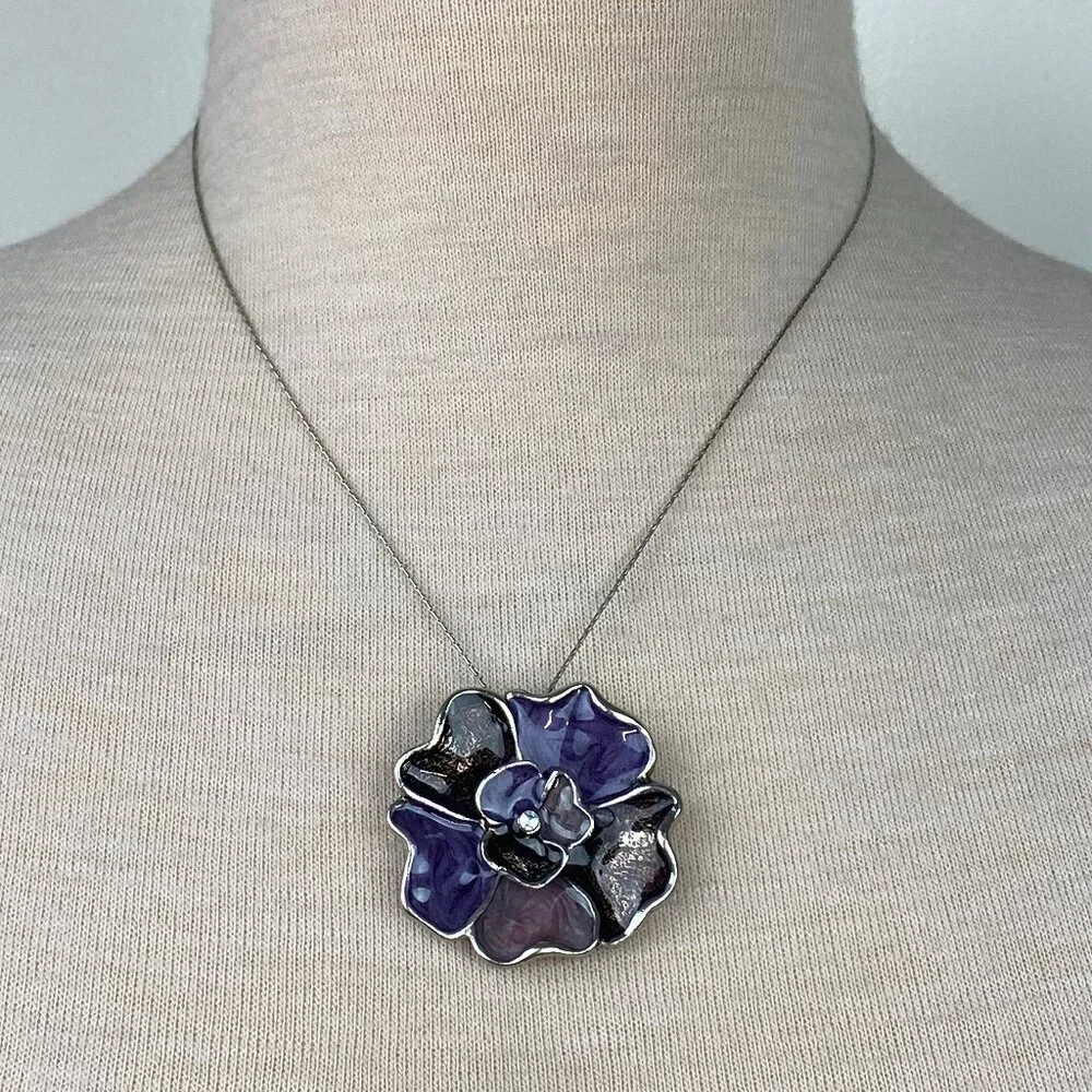 Purple & Silver Tone Rhinestone Flower Pendant Necklace
